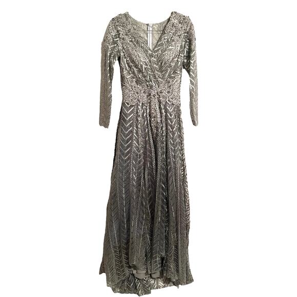 Mac Duggal Gown Embellished Illusion Long Sleeve Wrap Platinum Size 4 NWT 20189 - Picture 3 of 10